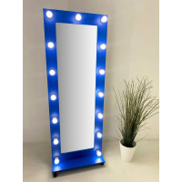 Синее гримерное зеркало с подсветкой на подставке 170х60